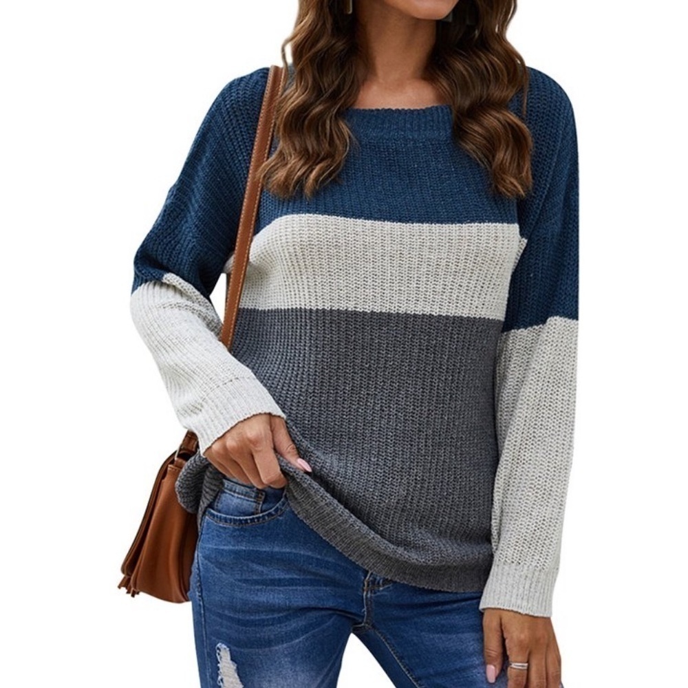 GAP colorblock oversized Blue Grey Striped Pullover Sweater knit women size S
